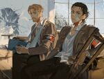  2boys bandaged_arm bandages bandaid beard black_hair blonde_hair book brothers cane cigarette crack cracked_wall eren_yeager facial_hair feet_out_of_frame highres holding holding_book holding_cane holding_cigarette looking_at_viewer male_focus marley_military_uniform multiple_boys shingeki_no_kyojin short_hair siblings sitting smoking thick_eyebrows tokeru window zeke_yeager 