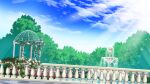  artistic_error blue_sky cloud day dutch_angle field film_grain flower flower_field fountain game_cg gazebo ivy izumi_tsubasu no_humans non-web_source official_art outdoors pink_flower railing re:stage! red_flower scenery sky sunlight tree 