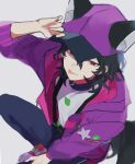  1boy :p animal_ears black_hair black_headwear earrings ensemble_stars! hat hat_tip highres hood hood_down hoodie jacket jewelry medium_hair messy_hair official_alternate_costume open_clothes open_jacket pants purple_headwear purple_jacket red_eyes sakuma_rei_(ensemble_stars!) shaded_face shirt smile stud_earrings suspenders tail tongue tongue_out track_pants turtleneck white_shirt yukimi_bon 