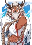  1boy absurdres animal_ears antlers bara blue_eyes commentary_request crave_saga deer_antlers deer_boy deer_ears fat furry furry_male highres holding holding_rope japanese_clothes jewelry karasuki looking_at_viewer male_focus necklace rope shimenawa white_hair yatsukamizu_(crave_saga) 