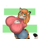 anthro big_breasts black_stripes bottomwear breasts cleavage clothed clothing cristhecat felid female fur green_eyes hair hotpants huge_breasts long_hair looking_at_viewer mammal orange_body orange_fur pantherine pink_clothing shorts solo stripes sweater tiger topwear white_body white_fur