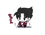  1boy :3 belt black_pants blush_stickers chibi gloves kazama_jin kotorai male_focus no_nose pants red_gloves short_hair sitting solid_oval_eyes solo tekken thick_eyebrows translation_request v-shaped_eyebrows white_background 