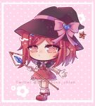  1girl alternate_costume angeliii artist_name black_headwear bow brown_eyes chibi danganronpa_(series) danganronpa_v3:_killing_harmony full_body gem_hair_ornament gloves hat hat_bow heart heart_background highres holding holding_staff looking_at_viewer medium_hair mouse pink_bow red_footwear red_hair red_skirt skirt solo staff standing star_ornament white_gloves witch_hat yumeno_himiko 