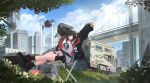  2girls absurdres arknights arms_up black_footwear black_hair black_jacket black_socks boots box bridge building car chair cityscape closure_(arknights) cloud cloudy_sky commission cup drone full_body github hair_between_eyes highres holding holding_cup id_card jacket lan_liyu_renzi lanyard lens_flare logo_parody long_hair looking_at_viewer motor_vehicle multiple_girls open_clothes open_jacket outdoors pointy_ears red_eyes red_jacket scenery second-party_source shirt sitting sky smile socks thighs traffic_cone two-sided_fabric two-sided_jacket white_shirt 