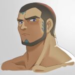  1boy bara beard blush buzz_cut collarbone cropped_head cropped_shoulders dark-skinned_male dark_skin dounoo facial_hair full_beard highres looking_at_viewer male_focus matt_(pokemon) nude pokemon pokemon_oras short_hair solo thick_eyebrows very_short_hair 