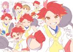  1girl 2boys absurdres ahoge arrow_(symbol) blue_shirt blush brown_eyes buttons clenched_teeth collared_shirt crispin_(pokemon) florian_(pokemon) frying_pan gloves grin highres holding holding_frying_pan ichinoki_miharu jacket lacey_(pokemon) looking_at_viewer magmortar multiple_boys multiple_views neckerchief partially_fingerless_gloves poke_ball pokemon pokemon_(creature) pokemon_sv quick_ball red_gloves red_hair red_pupils shirt short_hair smile sweat teeth thumbs_up translation_request white_jacket yellow_neckerchief 