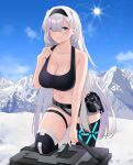  1girl absurdres animal_ears arknights aurora_(arknights) avi_(baltika_seven) bear_ears bear_girl black_sports_bra blue_eyes blush box breasts cleavage extra_ears grey_hair grey_shorts hair_between_eyes hair_over_one_eye highres infection_monitor_(arknights) knee_pads large_breasts long_hair looking_at_viewer mountain navel outdoors short_shorts shorts smile snow solo sports_bra stomach sun thigh_strap thighs very_long_hair 