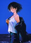  1girl arm_out_of_sleeve black_eyes black_jacket blue_pants blue_theme breasts cleavage cowboy_shot frown highres jacket jewelry john_kafka long_sleeves looking_at_viewer medium_breasts mole mole_under_eye necklace off_shoulder open_clothes original pants shirt sideboob sleeveless sleeveless_shirt sleeves_past_fingers sleeves_past_wrists solo standing unzipped water white_shirt 