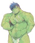  1boy abs bara beard_stubble blue_hair colored_skin cum cum_on_body cum_on_male cum_on_pectorals facial flaccid green_skin hairy head_tilt highres huge_eyebrows isari_banse_(bamseeeee) large_hands large_pectorals leg_hair licking licking_cum loincloth looking_at_viewer male_focus monster_boy muscular muscular_male navel navel_hair nipples orc original pectorals penis penis_peek pointy_ears sanpaku short_hair sideburns solo sparse_arm_hair sparse_chest_hair sparse_leg_hair stomach strongman_waist thick_eyebrows thick_thighs thighs topless_male tsurime tusks 
