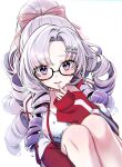  1girl absurdres black-framed_eyewear bow drill_hair glasses hair_bow hair_ornament hairclip high_ponytail highres hyakumantenbara_salome hyakumantenbara_salome_(2nd_costume) jacket long_hair nijisanji open_clothes open_jacket open_mouth pink_bow purple_eyes purple_hair simple_background smile solo sunano_reona track_jacket virtual_youtuber white_background 