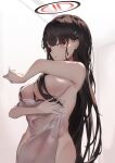  1girl absurdres black_hair blue_archive breasts hair_censor hair_ornament hairclip halo highres large_breasts long_hair looking_at_viewer naked_towel parted_lips red_eyes rio_(blue_archive) snowishing solo towel upper_body very_long_hair wet 