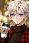  1girl bishoujo_senshi_sailor_moon blonde_hair blue_eyes brown_sweater christmas coat coffee coffee_cup cup disposable_cup highres koharumichi lips parted_bangs plaid plaid_coat red_coat short_hair smile solo sweater ten&#039;ou_haruka turtleneck turtleneck_sweater very_short_hair 