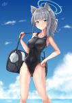  1girl animal_ear_fluff animal_ears bag black_one-piece_swimsuit blue_archive blue_eyes blue_halo blue_sky blurry blurry_background blush breasts cloud collarbone commentary cross_hair_ornament duffel_bag feet_out_of_frame grey_hair groin hair_ornament halo hand_on_own_hip highres large_breasts looking_at_viewer mg42cat-k1ng mismatched_pupils official_alternate_costume one-piece_swimsuit outdoors parted_lips ponytail shiroko_(blue_archive) shiroko_(swimsuit)_(blue_archive) signature sky solo standing swimsuit wolf_ears wolf_girl 