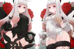 2girls absurdres airy_(bravely_default) anne_(bravely_second) antenna_hair black_gloves black_leotard black_thighhighs blue_eyes blush bravely_default:_brilliant_lights bravely_default:_flying_fairy bravely_default_(series) bravely_second:_end_layer breasts brown_eyes butterfly_wings commission commissioner_upload covered_navel fairy fairy_wings flower fur_trim gloves groin gulp5959 highres insect_wings leotard long_hair looking_at_viewer multiple_girls pointy_ears rose skeb_commission small_breasts smile thighhighs thighs white_gloves white_hair white_leotard wings 