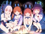  4girls absurdres animal_ears bare_arms bare_legs bare_shoulders bikini black_hair black_one-piece_swimsuit blue_archive blue_halo blue_hoodie blush brown_hair closed_mouth collarbone crocs drooling fake_animal_ears fire fish food frilled_one-piece_swimsuit frills green_eyes green_halo grey_hair halo highres hood hoodie leaf_print long_hair long_sleeves miyako_(blue_archive) miyako_(swimsuit)_(blue_archive) miyu_(blue_archive) miyu_(swimsuit)_(blue_archive) moe_(blue_archive) moe_(swimsuit)_(blue_archive) multiple_girls official_alternate_costume one-piece_swimsuit open_mouth orange_halo pink_halo ponytail purple_eyes rabbit_ears rabbit_platoon_(blue_archive) raglan_sleeves rash_guard red_eyes saki_(blue_archive) saki_(swimsuit)_(blue_archive) sandals sarfata short_hair smile swimsuit twintails white_bikini yellow_eyes 