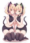  2girls animal_ear_headphones animal_ears bare_shoulders black_thighhighs blonde_hair blue_archive blush bow breasts cat_ear_headphones cat_tail chinese_commentary clothing_request collarbone commentary_request fake_animal_ears fake_tail green_eyes hair_bow halo headphones highres kneeling looking_at_viewer midori_(blue_archive) momoi_(blue_archive) multiple_girls navel open_mouth red_eyes shimokirin short_hair siblings sidelocks simple_background sisters small_breasts tail thighhighs thighs twins white_background 