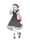  1girl bag beret blonde_hair bobby_socks bow brown_eyes center_frills collared_dress dress fang frilled_dress frills full_body hand_up hat hat_bow high_heels highres long_sleeves looking_at_viewer open_mouth pinafore_dress rumia short_hair shoulder_bag sketch sleeveless sleeveless_dress smile socks solo touhou zenritsu 