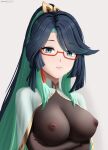  1girl absurdres arms_under_breasts black_hair bodystocking breasts capelet closed_mouth colored_inner_hair commentary_request covered_nipples crossed_arms earrings fanbox_username genshin_impact glasses green_hair grey_background high_ponytail highres inverted_nipples jewelry large_breasts long_hair looking_at_viewer multicolored_hair nipples patreon_username red-framed_eyewear semi-rimless_eyewear solo tassel tassel_earrings two-tone_hair upper_body white_capelet xianyun_(genshin_impact) z282g 