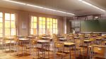  analog_clock bulletin_board ceiling_light chalkboard classroom clock curtains desk evening film_grain game_cg indoors izumi_tsubasu no_humans non-web_source official_art poster_(object) re:stage! reflective_ceiling reflective_floor scenery school school_desk wall_clock window 