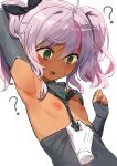  1girl ahoge armpits bare_arms bare_shoulders blush breasts clothes_pull comandante_cappellini_(kancolle) dark-skinned_female dark_skin fang fang_out green_eyes grey_wetsuit highres kantai_collection long_hair looking_at_viewer multicolored_hair nipples one-piece_swimsuit_pull open_mouth osananajimi_neko pink_hair small_breasts smile solo streaked_hair tan twintails upper_body white_background 