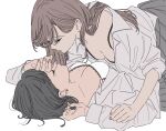  2girls black_bra black_hair bra breasts brown_hair cleavage closed_eyes collared_shirt commentary_request dress_shirt grey_skirt hair_behind_ear imminent_kiss kamatama_rom large_breasts long_hair long_sleeves looking_at_another medium_breasts mole mole_on_breast mole_under_eye multiple_girls open_clothes open_shirt original pleated_skirt school_uniform shirt short_hair simple_background skirt sleeves_rolled_up underwear white_background white_bra white_shirt yuri 