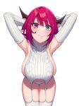 1girl alternate_costume armpits arms_up blue_eyes blush breasts dasdokter detached_sleeves garter_straps heterochromia highres hololive hololive_english horns irys_(hololive) large_breasts looking_at_viewer meme_attire pointy_ears purple_eyes purple_hair ribbed_panties ribbed_sleeves ribbed_thighhighs simple_background sleeveless sleeveless_sweater smile solo sweater virgin_destroyer_sweater virtual_youtuber white_background white_garter_straps white_sweater 