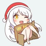  1girl barefoot blush box cardboard_box chibi commentary_request eve_santaclaus grey_background hand_up hat idolmaster idolmaster_cinderella_girls legs long_hair looking_at_viewer maka073 nude one_eye_closed open_mouth red_headwear santa_hat sidelocks smile solo thighs w white_hair yellow_eyes 