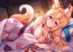  1girl animal_ear_fluff animal_ears blonde_hair blurry blurry_background breasts cleavage closed_mouth collarbone commentary_request depth_of_field floral_print fox_ears fox_girl fox_tail hair_between_eyes hair_tubes hands_up indoors japanese_clothes kimono long_hair long_sleeves looking_at_viewer lying medium_breasts off_shoulder on_side original pillow print_kimono red_eyes sakura_ani sidelocks smile solo tail under_covers white_kimono wide_sleeves 