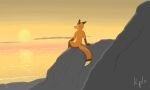 anthro canid canine cloud fox golden_hour hi_res kepler_foxxo male mammal relaxing rock seaside sitting solo sunset wave