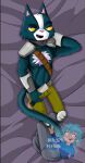 alien anthro athletic athletic_anthro athletic_male avocato bedroom_eyes boots bottomwear bottomwear_pull clothing clothing_pull dakimakura_design felid feline final_space footwear fur hand_behind_head hi_res male mammal multicolored_body multicolored_fur narrowed_eyes pants pants_pull seductive shoulder_guards solo tail teal_body teal_fur thejayster99 two_tone_body two_tone_fur