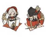  2girls bloodborne box brown_gloves brown_headwear chibi fingerless_gloves gift gift_box gloves green_eyes grey_headwear hat highres la_bo_chu_shi lady_maria_of_the_astral_clocktower multiple_girls open_gift plain_doll red_gloves red_headwear sword tricorne weapon 