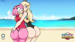 accessory amy_rose anthro beach big_breasts big_butt black_clothing black_swimwear blonde_hair blue_clothing blue_eyes blue_swimwear breasts butt clothing crown duo eulipotyphlan female fur green_eyes hair hair_accessory hair_over_eye hairband hand_on_butt head_tuft headgear hedgehog hi_res huge_butt human looking_at_viewer looking_back looking_back_at_viewer mammal mario_and_sonic_at_the_olympic_games mario_bros nintendo one-piece_swimsuit one_eye_obstructed pink_body pink_clothing pink_fur pink_swimwear rear_view rosalina_(mario) sea seaside sega silenttandem smile sonic_the_hedgehog_(series) super_mario_galaxy swimwear tan_body tan_fur tan_skin thick_thighs tuft water wide_hips