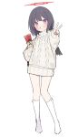  1girl aged_down black_hair black_wings blue_archive blush foreshortening full_body halo kneehighs looking_at_viewer mashiro_(blue_archive) no_pants no_shoes popqn purple_eyes short_hair simple_background sketch smile socks solo sweater v white_background white_socks white_sweater wings 
