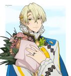  1boy alfred_(fire_emblem) blonde_hair bouquet closed_mouth collar fire_emblem fire_emblem_engage flower frilled_collar frilled_sleeves frills green_eyes hair_ornament highres holding holding_bouquet jewelry looking_at_viewer male_focus merylemons ring short_hair 