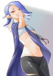  1girl bare_shoulders black_pants blue_hair blue_shawl chest_sarashi commentary cowboy_shot earrings groin hd_rock highres jewelry medium_hair navel pants red_eyes sarashi shawl shiver_(splatoon) smile solo splatoon_(series) splatoon_3 symbol-only_commentary teeth tentacle_hair torn_clothes torn_pants white_background 