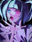  1girl ado_(utaite) asymmetrical_irises black_background blue_eyes blush cloud_nine_inc commentary fingernails heart heart_in_mouth heterochromia highres index_finger_raised long_fingernails looking_at_viewer open_mouth red_eyes short_hair solo spica_(spica5f9ea0) sweat teeth two_side_up upper_body upper_teeth_only utaite 