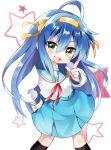  1girl :3 ahoge blue_hair blush cosplay green_eyes hairband hand_on_own_hip highres index_finger_raised izumi_konata long_hair long_sleeves looking_at_viewer lucky_star mani_(second-dimension) neck_ribbon open_mouth ribbon school_uniform serafuku skirt smile socks solo star_(symbol) suzumiya_haruhi suzumiya_haruhi_(cosplay) very_long_hair 