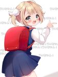  1girl ass backpack bag blonde_hair blue_dress blush commentary cowboy_shot dancing dress green_eyes hair_ornament hand_up highres index_finger_raised indie_virtual_youtuber kiyo_(yamazoe1122) looking_at_viewer medium_hair open_mouth pleated_dress pom_pom_(clothes) pom_pom_hair_ornament randoseru red_bag shigure_ui_(vtuber) shigure_ui_(young)_(vtuber) shirt shukusei!!_loli-gami_requiem sidelocks smile solo text_background translated twintails white_background white_shirt 