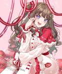  1girl :d bow bowtie brown_hair capelet dress english_text food fruit fujishima_megumi hair_ribbon hand_on_own_face link!_like!_love_live! lolita_fashion long_sleeves love_live! purple_eyes red_capelet red_ribbon ribbon ribbon-trimmed_sleeves ribbon_trim sidelocks sitting smile solo strawberry tagme tamago_(tmgo_o) teeth thighhighs two_side_up upper_teeth_only white_dress white_thighhighs 