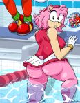 accessory amy_rose anthro big_breasts big_butt bracelet breasts butt clothing duo echidna eulipotyphlan eyelashes female footwear fur gloves green_eyes hair_accessory hairband handwear head_tuft hedgehog hi_res jewelry knuckles_the_echidna looking_at_viewer looking_back looking_back_at_viewer male mammal mario_and_sonic_at_the_olympic_games monotreme nipple_outline one-piece_swimsuit partially_submerged pink_body pink_clothing pink_fur pink_swimwear pool rear_view red_body red_clothing red_footwear red_fur red_shoes sega shoes silenttandem sonic_the_hedgehog_(series) swimming_pool swimwear tan_body tan_fur thick_thighs tuft water wet white_clothing white_gloves white_handwear wide_hips