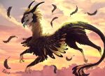 2018 absurd_res ambiguous_gender black_sclera brown_body brown_feathers cloud cloudscape detailed_background digitigrade feathered_crest feathered_wings feathers feral fero_(rizent) flying head_crest hi_res horn leg_markings light long_neck loose_feather markings open_mouth outside portrait rizent side_view sky small_wings socks_(marking) solo spread_wings sunlight tail tail_tuft tan_body tan_feathers tan_stripes teal_eyes teal_tongue tongue tongue_out tuft unknown_species wings