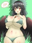  1girl absurdres bikini black_hair black_wings blush breasts commentary_request commission cowboy_shot green_background green_bikini hair_flaps highres huge_breasts long_hair looking_at_viewer navel open_mouth red_eyes reiuji_utsuho shirokumall simple_background skeb_commission skindentation solo spoken_blush swimsuit third_eye touhou wings 