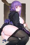  1girl absurdres ass black_pantyhose blush breasts clothes_pull covered_nipples eggplant fern_(sousou_no_frieren) food fruit grapes highres hood hood_down iuui large_breasts long_hair looking_at_viewer non-web_source panties pantyhose pantyhose_pull purple_eyes purple_hair underwear white_panties 