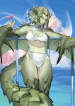  1girl absurdres against_railing bikini blush bra breasts clasp claws cleavage cloud cloudy_sky cocktail_umbrella colored_skin cropped_legs cup day dragon_girl dragon_tail dragon_wings green_hair green_skin highres holding holding_cup horns leaning_back miao_jiangyou monster_girl monster_hunter_(series) navel ocean orange_eyes orange_juice panties parted_lips railing rathian scales short_hair shoulder_spikes sky solo spikes spikey_hair stomach swimsuit tail thick_thighs thighs underboob underwear white_bikini white_bra white_panties wings 