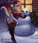 anthro biped breasts butt christmas christmas_clothing christmas_headwear clothed clothing eyelashes female footwear genitals hat headgear headwear hi_res high_heels holidays looking_back mammal no_underwear overweight pupils pussy reina. santa_hat smile snow snowing solo