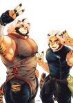  1boy age_comparison aged_down animal_ears bara claws commentary_request double_v fingerless_gloves furry furry_male gloves highres huge_pectorals indie_virtual_youtuber looking_at_viewer male_focus open_mouth pawpads saro_(rotsw_00022) smile tail tiger_boy tiger_ears tiger_stripes tiger_tail trad_monmon v white_background 
