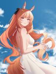  1girl absurdres animal_ears arknights avi_(baltika_seven) backless_dress backless_outfit black_bow blemishine_(arknights) blonde_hair blue_sky bow breasts cloud dress hair_bow highres horse_ears horse_girl horse_tail lips looking_at_viewer outdoors photo_background ponytail sideboob sky sleeveless sleeveless_dress small_breasts solo tail white_dress yellow_eyes 