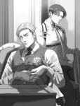  2boys absurdres chest_belt closed_mouth collared_shirt erwin_smith flower greyscale highres holding levi_(shingeki_no_kyojin) looking_at_viewer male_focus monochrome multiple_boys necktie pants rose shingeki_no_kyojin shirt short_hair sitting thisuserisalive vest 