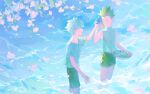  2boys bare_arms bare_shoulders belt belt_buckle black_shorts blue_eyes bowl buckle cargo_shorts cherry_blossoms closed_eyes collarbone commentary conch day denim denim_shorts english_commentary falling_petals feet_out_of_frame flower gon_freecss green_belt green_hair green_shorts hand_on_another&#039;s_hand holding holding_bowl holding_shell hunter_x_hunter killua_zoldyck kuwagatata looking_at_another male_focus midriff_peek multiple_boys mussel ocean open_mouth outdoors petals pink_flower shell shell_to_ear shirt short_hair short_sleeves shorts sleeveless sleeveless_shirt smile spiked_hair t-shirt teeth turtleneck wading waves white_hair white_shirt white_sleeves 