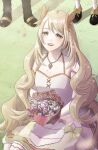  1girl blonde_hair bouquet butterfly_hair_ornament celine_(fire_emblem) dress fire_emblem fire_emblem_engage flower grass green_eyes hair_ornament highres holding holding_bouquet jewelry long_hair necklace on_grass open_mouth ribbon solo_focus teeth tondemoneeds upper_teeth_only very_long_hair wavy_hair 